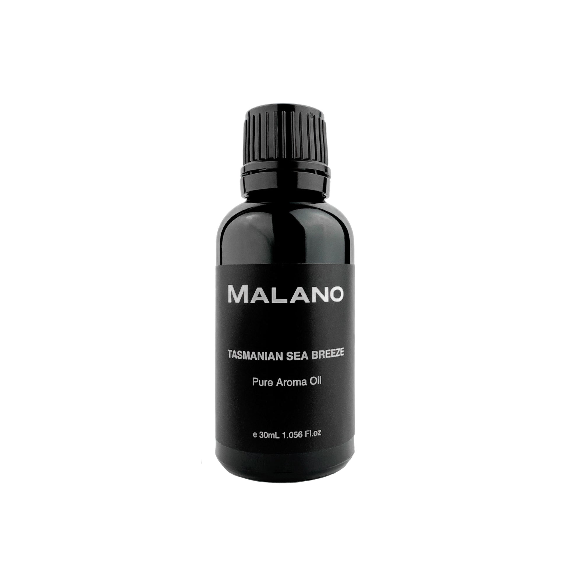A black bottle with a white label displaying 'MALANO TASMANIAN SEA BREEZE Pure Aroma Oil' on a plain background.