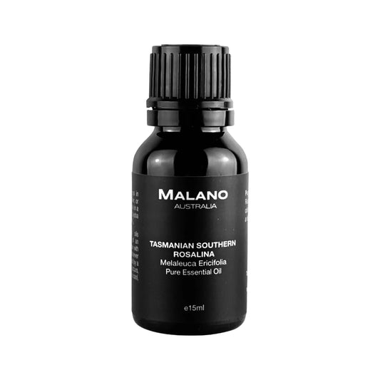  A black bottle with a black and white label displaying 'MALANO', 'Tasmanian Southern Rosalina’ Melaleuca Ericifolia Pure Essential Oil, and the size '15mL'