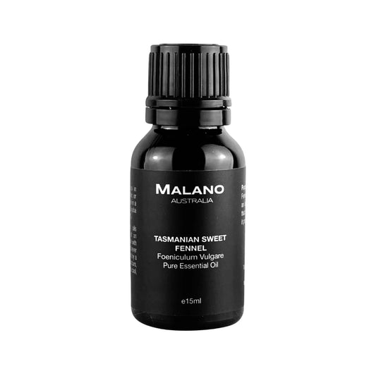 A black bottle with a black and white label,  displaying  'MALANO' and Tasmanian Sweet Fennel Pure Essential Oil, size 15mL.