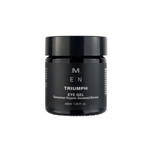 A black jar containing Triumph Eye Gel, with white text indicating the brand and product name.