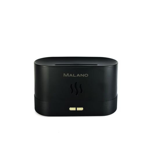 A black ultrasonic aroma diffuser with the brand name 'MALANO' on the front, featuring a flame light humidifier with two silver buttons.