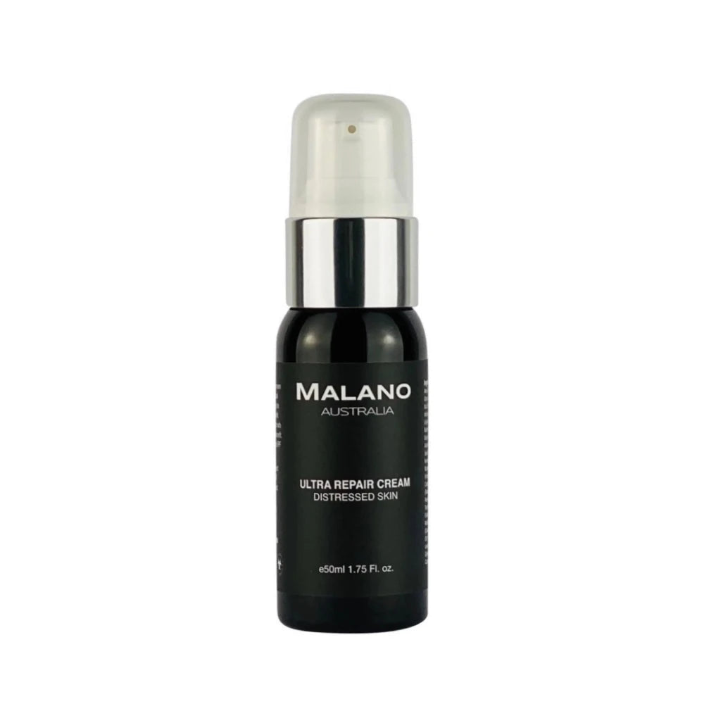 A black pump bottle with a silver and white pump with a clear lid. The bottle has a  black label and white writing stating the brand name Malano, Ultra Repair Cream with Plant Extracts and with a volume of 50mL