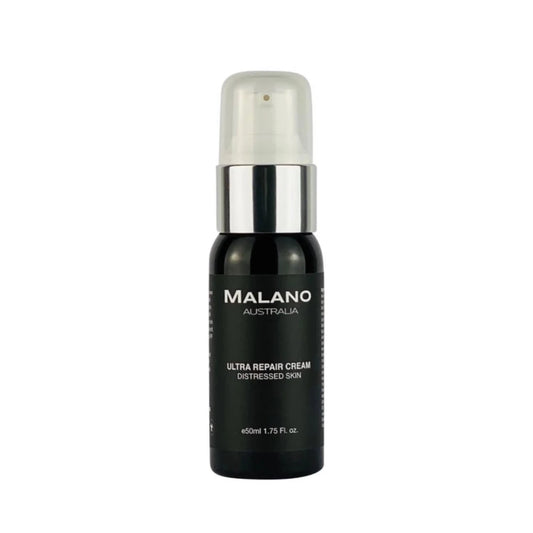 A black pump bottle with a silver and white pump with a clear lid. The bottle has a  black label and white writing stating the brand name Malano, Ultra Repair Cream with Plant Extracts and with a volume of 50mL