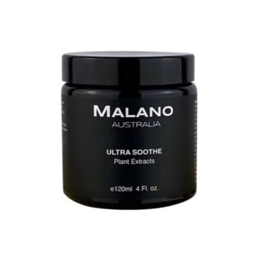 A black jar with a black label and white writing of Ultra Soothe Cream by Malano with plant extracts and a capacity of 120mL 