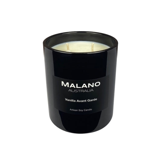 Black gloss glass jar containing an Australian artisan scented  soy wax candle by Malano with a gourmand scent of Vanilla Avant Garde