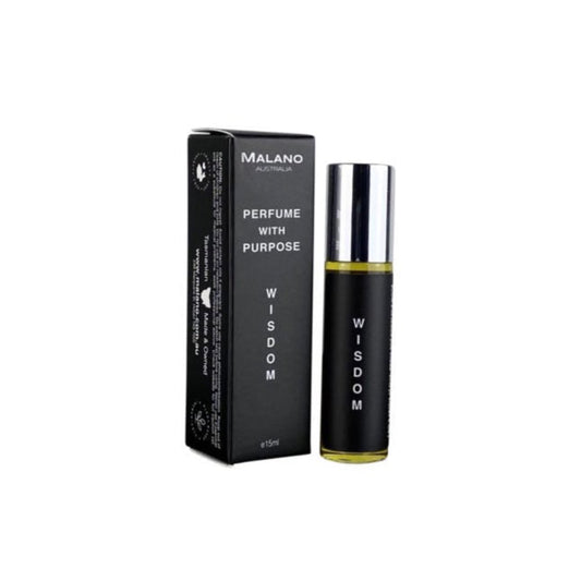 A glass roll on perfume oil bottle with silver lid with, a black and white label with Wisdom, Perfume With Purpose and Malano written on it sitting next to its packaging box.
