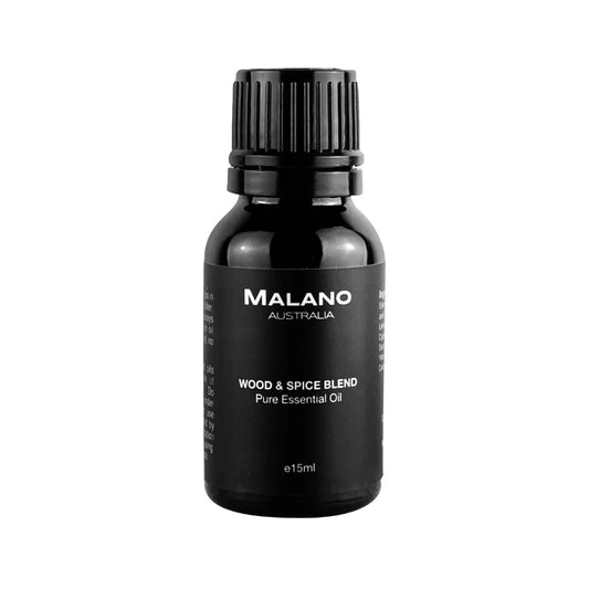 A black bottle with a black and  white label displaying 'MALANO', 'Wood & Spice Blend', and 'Pure Essential Oil'. The bottle size is 15mL.