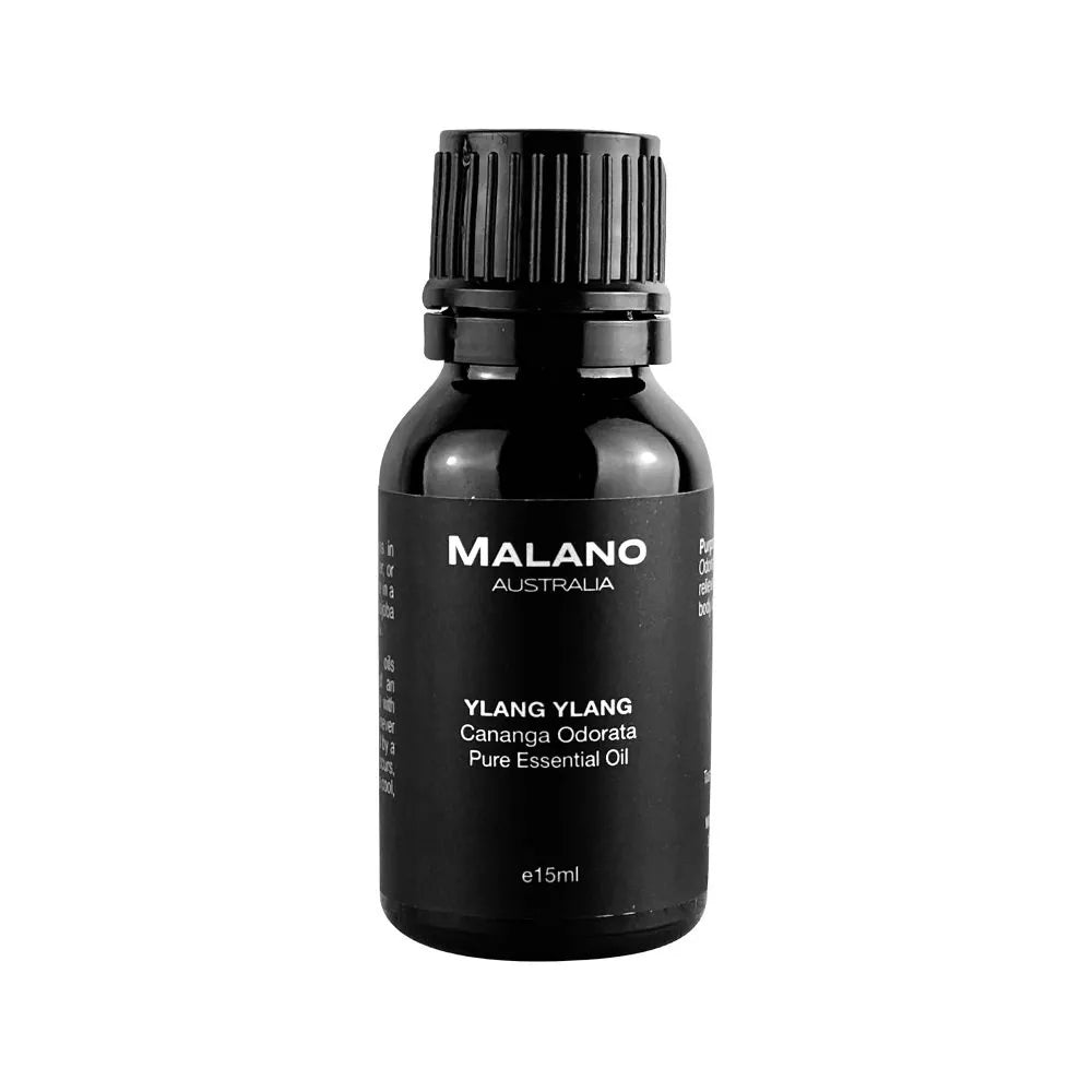 A black bottle with a black and  white label,  displaying the brand 'MALANO'  and Ylang Ylang Pure Essential Oil,, size 15mL. 