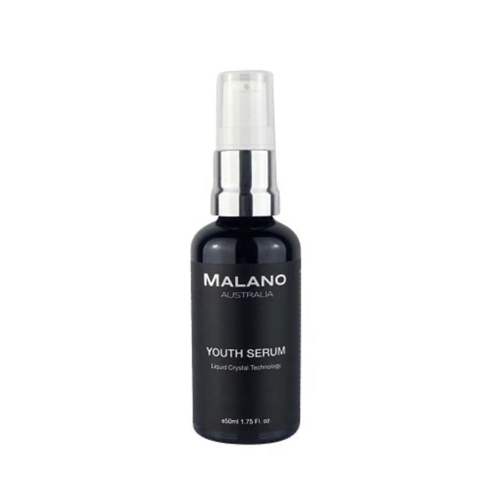 A black bottle with a white pump dispenser labeled 'MALANO  YOUTH SERUM' containing a facial serum with a capacity of 50mL