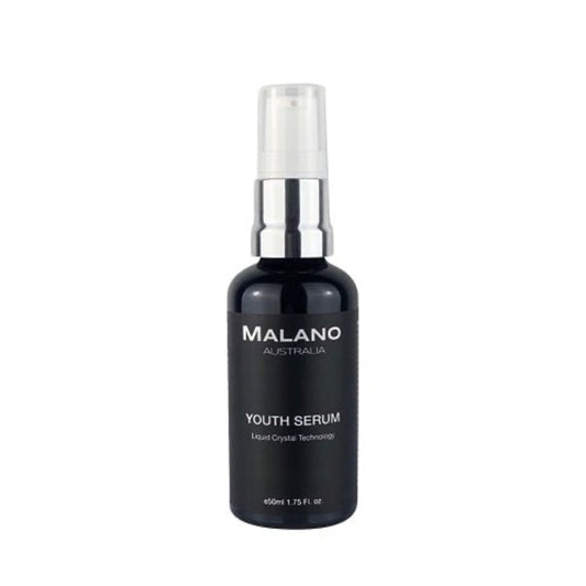 A black bottle with a white pump dispenser labeled 'MALANO  YOUTH SERUM' containing a facial serum with a capacity of 50mL