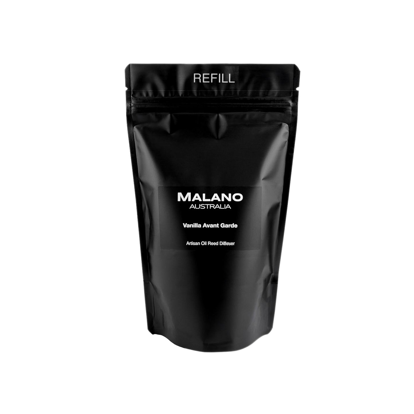 A black refill bag with the brand ‘MALANO’ and the scent reading ‘Vanilla Avant Garde’,  ‘Artisan Oil Reed Diffuser’ and ‘ REFILL’ on the front.